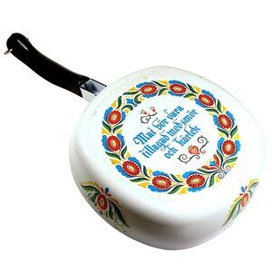 Swedish Enamelware Skillet 8" Square Pan Vintage 1960s-70s Floral Folk Art